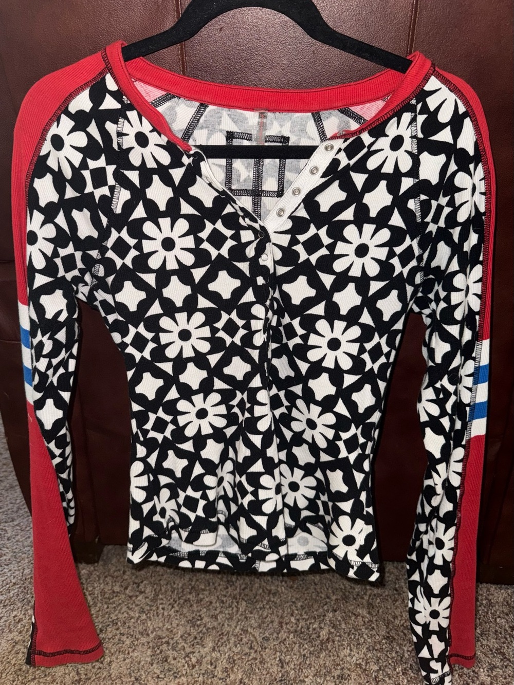 FP Movement by Free People Black & White Floral Raglan Henley with Red Sleeves
